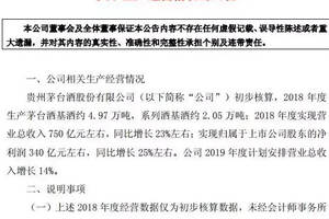 貴州茅臺：預計2018年度凈利340億元同比增25%