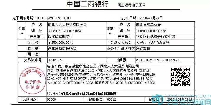 湖北人人大經貿有限公司捐贈25萬元