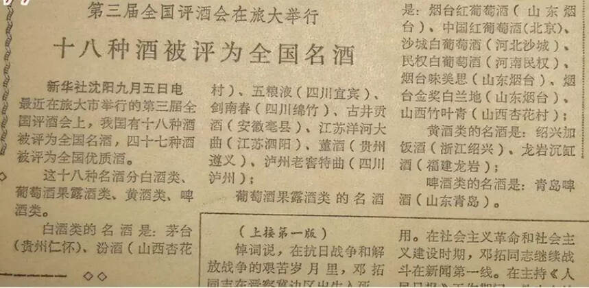 中國歷屆白酒評比獲獎名單（第一屆全國評酒會選出四大名酒）