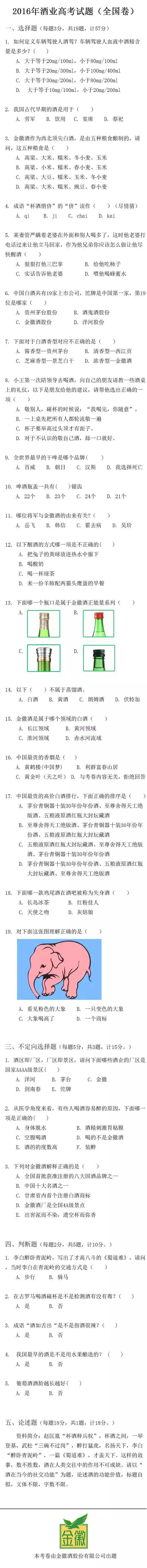 酒業高考試題全國卷 ，我答了90分，你呢？！